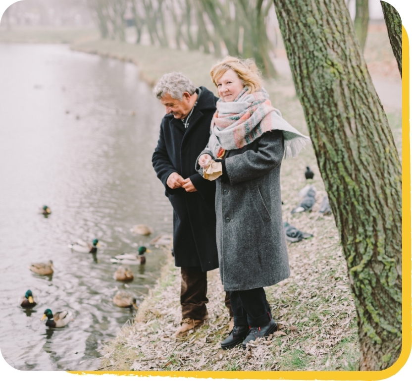 Couple feeding ducks